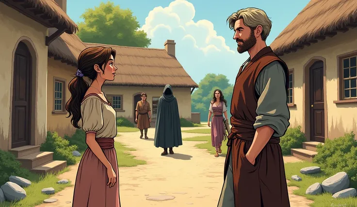 In a comic style, Evelyn, dressed in a simple village dress, is speaking to her father, William, who stands beside her with a relieved expression. Evelyn is smiling gently as she shares her wisdom. William looks at her with admiration and relief. Richard, ...