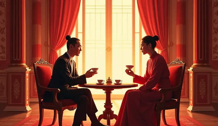 Main color red, Luc Ton Thoi Tam sat drinking tea with Ton Quyen at the palace.