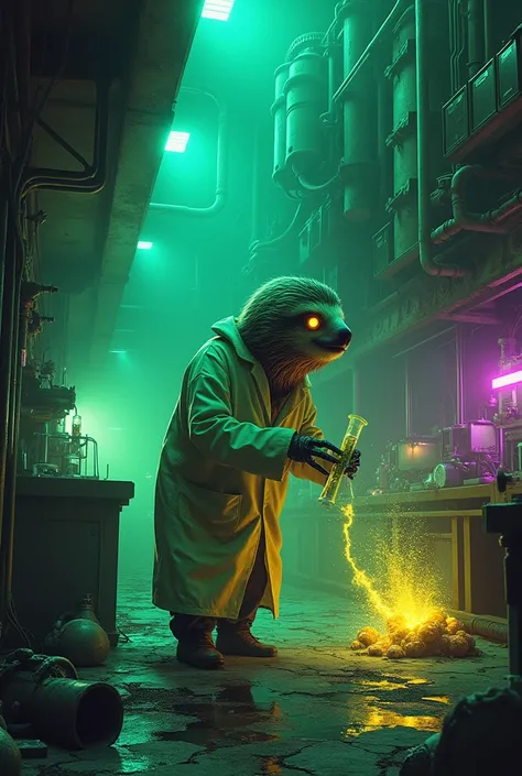 In a brutalist laboratory of solid concrete and rusted metal, illuminated by green and purple neon lights, a disturbingly sloth-turned-mad-scientist manipulates radioactive liquids. The lab coat, torn and burned, is covered in fluorescent chemical stains. ...