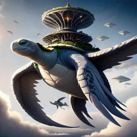 An enormous, fantastical creature that resembles a giant sea turtle, but on a massive scale, serving as a living airship. Its body is covered in soft, white feathers, and its head is adorned with elegant feather ridges that sweep backward. The creature has...