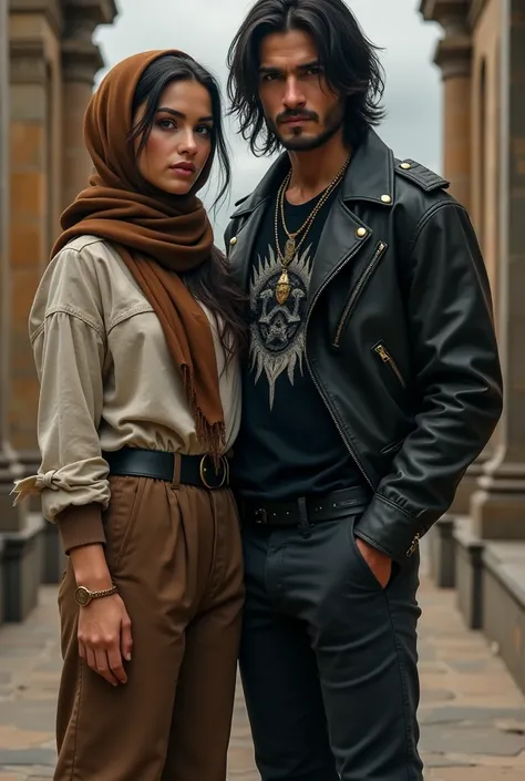 a beautiful girl wearing a brown headscarf, brown and white shirt, brown trousers on the left, and a handsome man on the right, long hair wearing a black shirt with a picture of Darkthrone, black leather jacket, black trousers, and black leather shoes