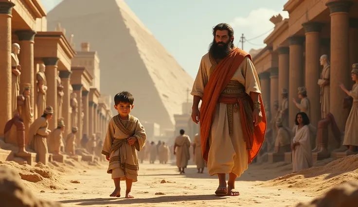 Young Abraham walks with his father, looking curiously at the statues and shrines, in the city of ur