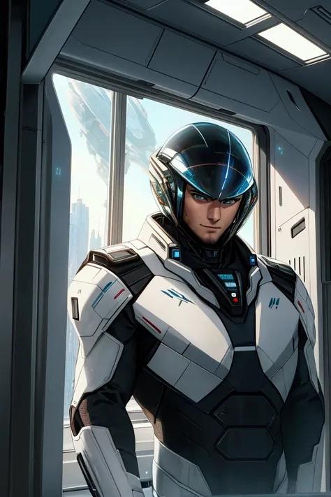 You can see the Earth outside the window of a spaceship, Handsome man wearing a futuristic sf suit, charisma,