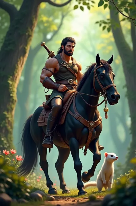 Create an adventurer on a black horse, and a white ferret in her bag, He is 1 , he is dark, with brown eyes , make it in a forest, with a sword on his back and a magic ring , Do it in 3D, I want him with a ferret, small 