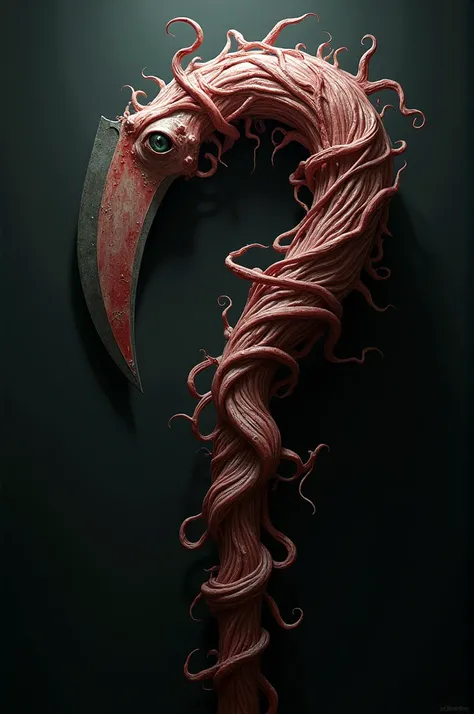 A scythe covered by meat and having a eyes on it