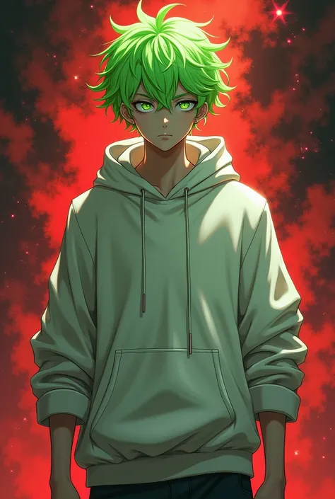 Bright lime green hair, A mysterious young man with white jade eyes and deep, deep pupils., The most powerful being in the universe wearing a white hoodie, Sovereign and regulator of all worlds, Playful expression, Data manipulation skills, Cosmic backgrou...