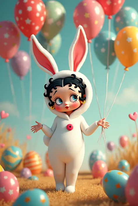 Bettyboop, Wear White Rabbit Costume，Get a lot of balloons，Easter egg background