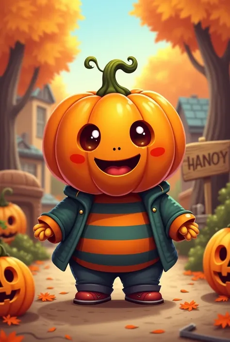 Create a cartoon character with a pumpkin head 