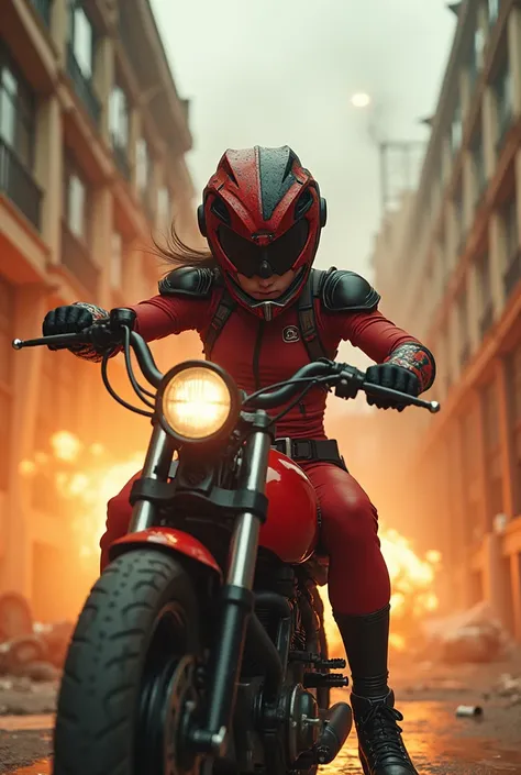 Full body creative angle action moving dynamic view of a girl  in a red and black as kamen Rider outfit T-rex shape, helmet T-rex head shape, action fighting rider kick. An abandoned school on the brink of explosion. And her ridding on motorcycle T-rex sha...