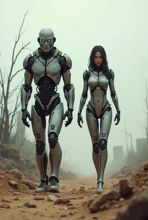 Pair of humanoid cyborgs (male and female) walking through a desolate landscape in search of missing people