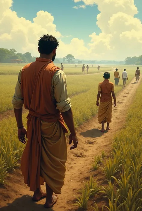 A large, sprawling field under the sun, with workers scattered, plowing, and tending crops.Mood: Exhausting and oppressive, reflecting Mohan’s laborious routine.Action: Mohan, despite his youth, is working hard on the farm. His clothes are drenched with sw...