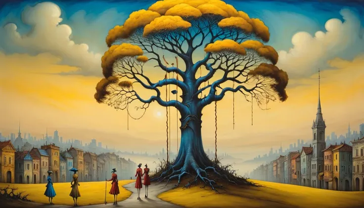 In the foreground of the surreal scene are depicted people with faces erased as if by an eraser, they wander with canes for the blind to the twilight city, where in the center there is a golden tree with eyes growing on the branches, which seem alive and s...