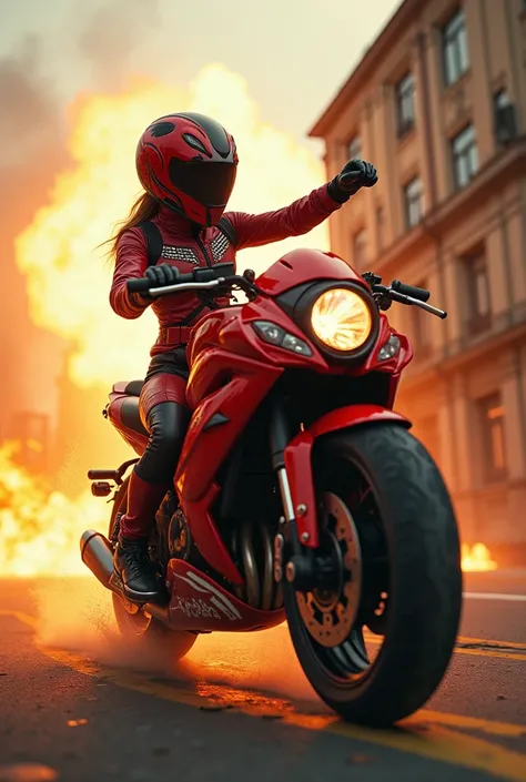 Full body creative angle action moving dynamic view of a girl  in a red and black as kamen Rider outfit T-rex shape, helmet T-rex head shape, action fighting rider kick. An abandoned school on the brink of explosion. And her ridding on motorcycle T-rex sha...