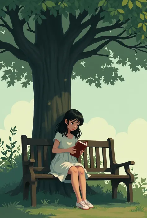 Create a image of a girl which sit on batch behind the tree by hold a dairy 