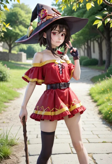 1 girl, megumin, facing away from camera, (grinding on staff), black and yellow dress is being blown up at back by wind exposing her black lace panties, embarrassed face, short dress, thighhighs, gloves, hat,red dress, black gloves, belt, black thighhighs,...