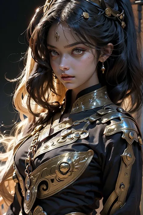 She is tall and slender, with golden eyes that shine brightly, reflecting both her youth and the weight of her mission. His hair is black as night and falls wildly over his forehead. Dressed in black armor decorated with gold details, the armor appears to ...