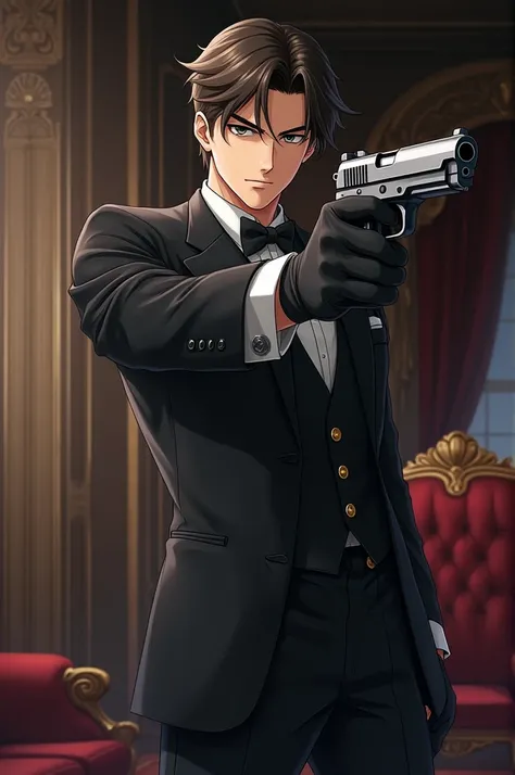 Anime boy,handsome young butler,gun