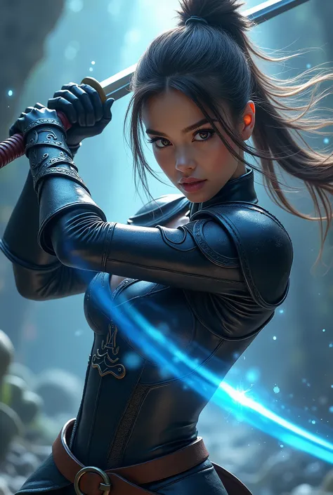 best quality,4k,8k,highres,masterpiece:1.2,ultra-detailed,realistic,photorealistic,photo-realistic:1.37,HDR,UHD,studio lighting,ultra-fine painting, A beautiful young magic swordswoman slashing at an evil enemy, she is wearing intricated designed sexy blac...