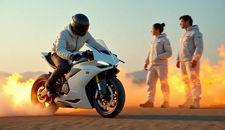 Leon( A fine-looking 30-year-old asian man) testing his white sport-motorbikes with fire below it in open field with Mei Lin(2 fine looking professor wearing full protection) looking at him
