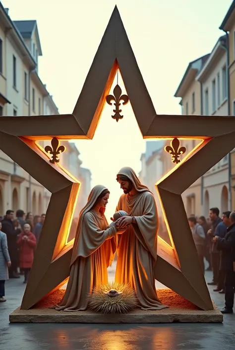 Allegorical float with a five-pointed star made of paper mache and a transparent background with fleur-de-lis inside the points, with Joseph Mary and baby Jesus in the manger inside the star and large size, that there is no free space inside the star
