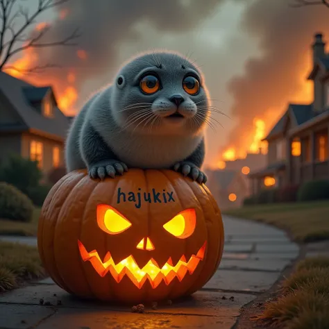 A furry seal on top of a Jack-o&#39;-Lantern,The word HAGUKIX is written on the top,The houses around me are burning