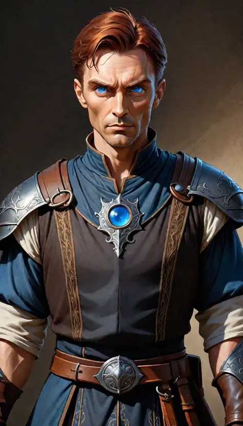 waist-length portrait, Best quality, masterpiece, contrasting light, best light and shadows, rich colors of the image, 2D illustration, empty background, front view, dark-colored clothing in medieval fantasy style, male character, middle-aged character, br...