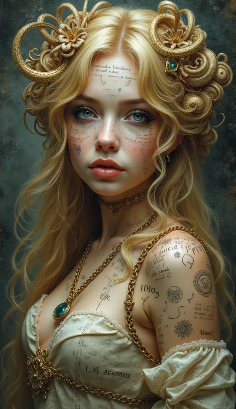 a blonde woman with thick hair, dreaming of a fantasy world, made up of typography elements, typefaces, letters, create me a beautiful woman, made of typographic characters, and old pieces of printing machines, in a fairy-tale atmospherenumbers, paper, cur...