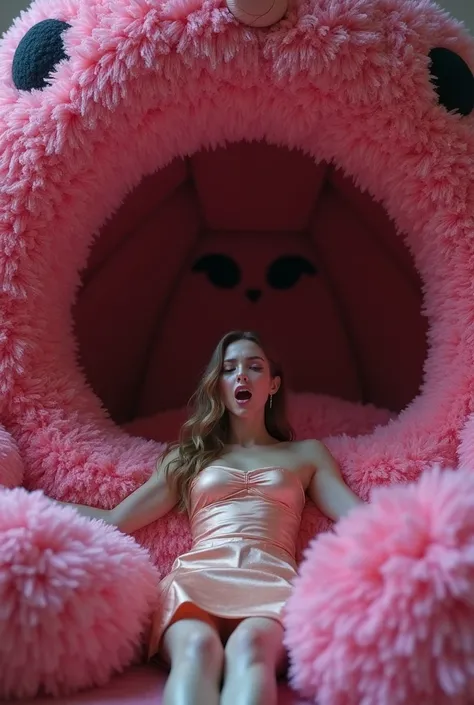 "A surreal and whimsical scene set inside the belly of a gigantic plushie, where the walls are made of soft, colorful plush material. A beautiful woman, dressed in a shimmering satin costume, lies on the floor in the center with an expression of frustratio...