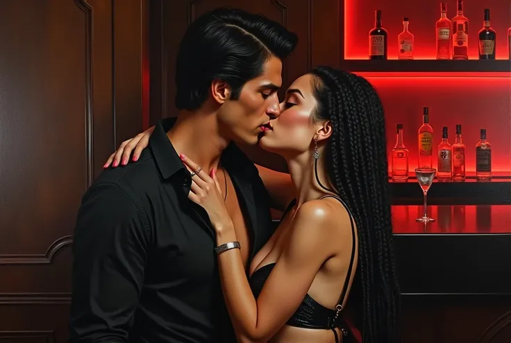 Realistic oil painting, handsome manly guy with European features, marked jaw, black hair and wearing an open black shirt while hugging and holding on top of a beautiful young woman with European features long braided black hair, Shiny white skin and weari...