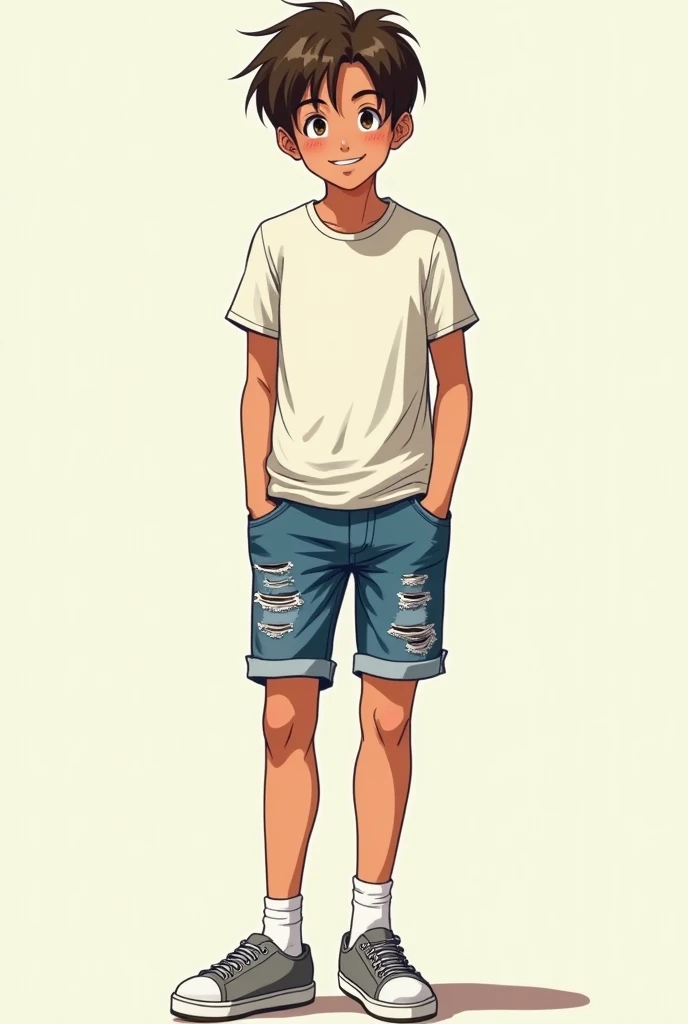 boy，Wheat-colored skin，Blue ripped denim shorts tee shirt，Big eyes and short hair，slim，fully body photo，A junior high school student，Grinning，Gray Shoes，white legwear, Looking down