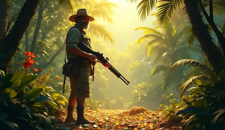  Imagine a Brazilian hunter in a tropical forest, surrounded by dense and vibrant vegetation. He carries a shotgun, but instead of bullets, your gun is full of gold nuggets. The floor is covered in precious stones, and he smiles, Satisfied, while observing...