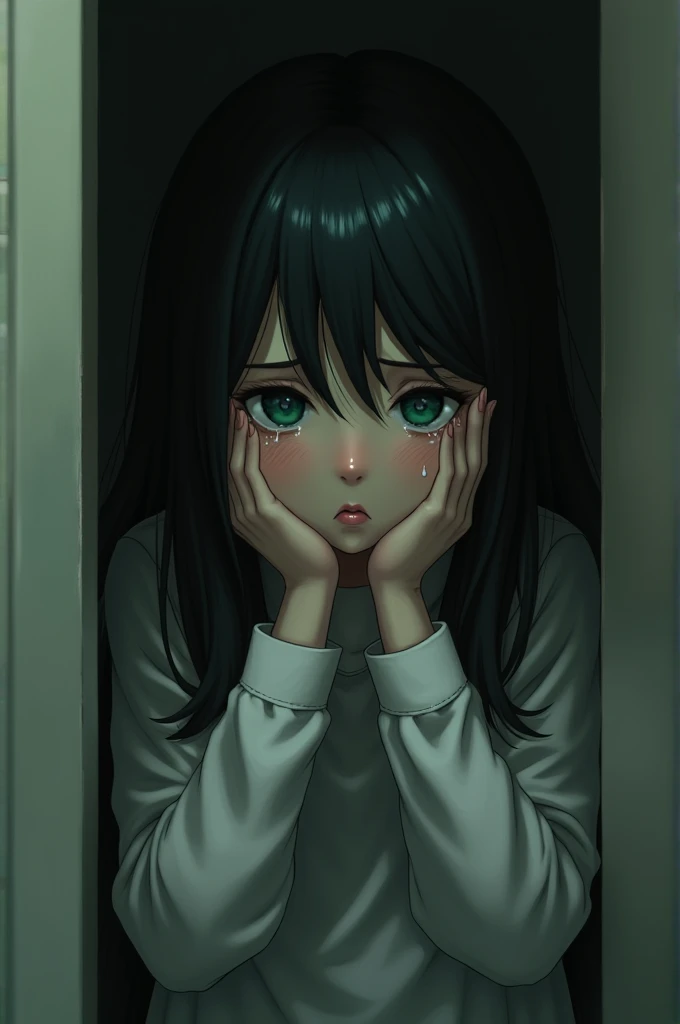 Girl with green eyes and black hair, white skin crying inside a closet