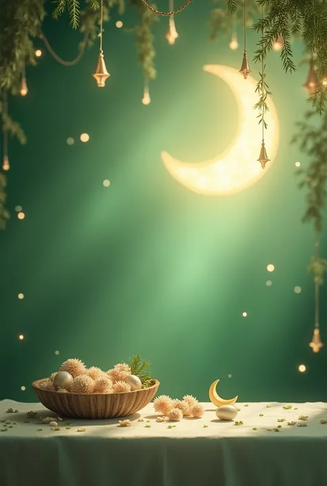 Create aesthetic and light 12 rabiulawal background in green shades that can be blur with and hangings. Of moon and like that stuff
And write Eid Milad un Nabi in English on it and an empty table if food