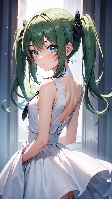 The innocence, dark green hair, twintails, arms behind back, white dress, black waist tie, a girl,blue eyes,