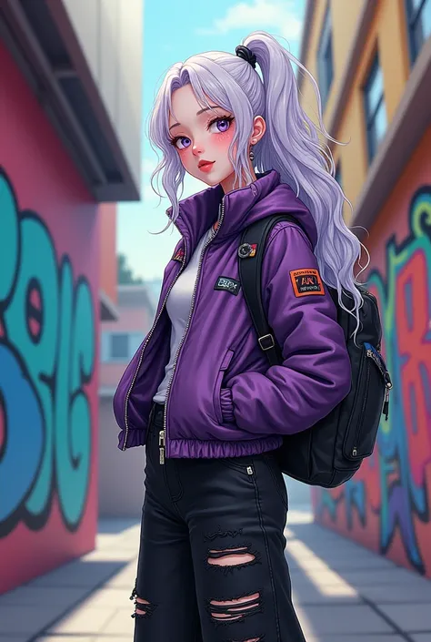 ai 애니메이션 사이버punk 설정,  A girl with long white wavy hair, long white curly hair,  pale skin,  , Girl wearing flight jacket and black ripped wide pants  , Pretty girl, Backpack , Backpack 걸치고   , Pin on your head  , punk패션, punk, cute,cute 소녀,cute 여자 , A draw...