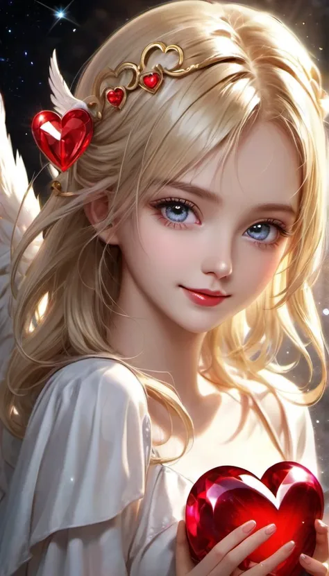  Dark Star Background, Beautiful blonde  angel holding a red heart, k resolution super detailed,Angel Halo, happiness/joy, Gaze, Look at, Blonde, Heart-shaped hair accessories, Heart Gemstones