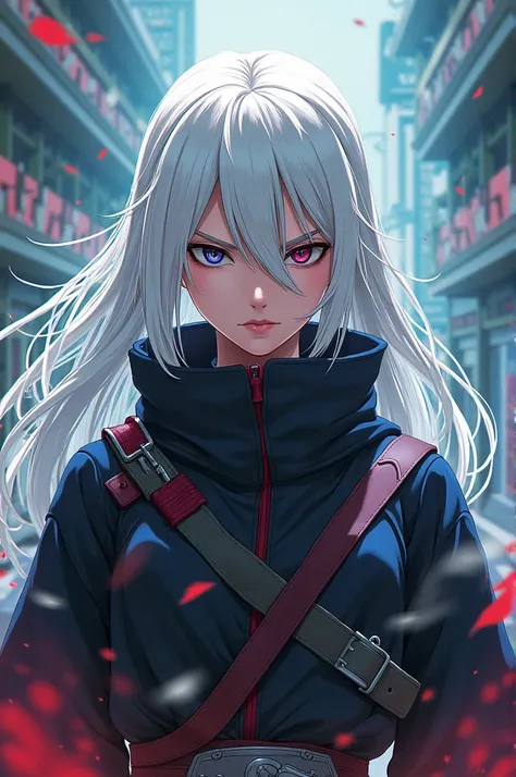 White haired woman with serious face,with ninja outfit in anime style naruto uzumaki