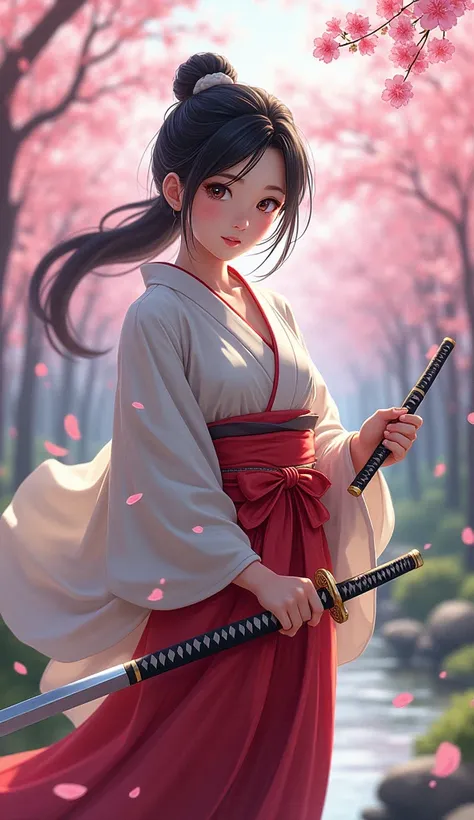 girl、cherry blossoms、kimono、ponytail、Japanese sword in hand、Anime Style