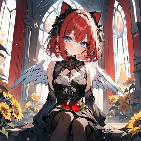 , beautiful angel々）, cool beautiful, sunflower shaped choker, (masterpiece, highest quality), official art, beautiful and aesthetic: 1.2), (1 girl), very detailed, (sunflower art: 1.3), silver colorful, red short bob hair、cat ear, half body, angel wings, c...