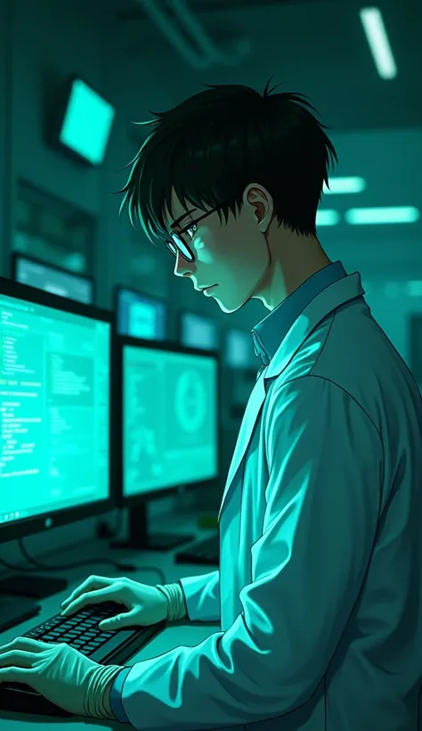 draw anime, a young man, wear doctor coat and gloves, look at the screens of many computers, green speed, wearing glasses, in the dark laboratory 