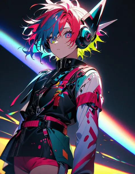 (((masterpiece,Highest quality))),(((A male anime character wearing a revealing military-style outfit with multi-colored, spiky hair and mechanical headgear)),(((Visual kei))),((Black Background)),Only one person,Focus on the upper body,from the front,(hig...