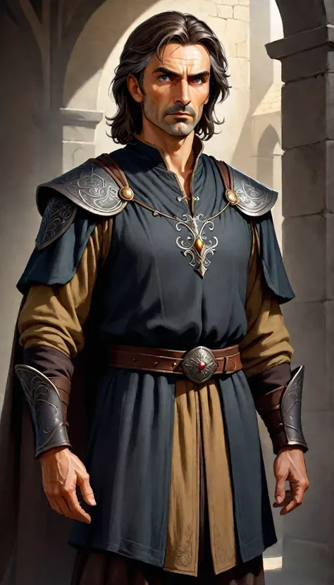 waist-length portrait, Best quality, masterpiece, contrasting light, best light and shadows, rich colors of the image, 2D illustration, empty background, front view, dark-colored clothing in medieval fantasy style, male character, middle-aged character, ta...