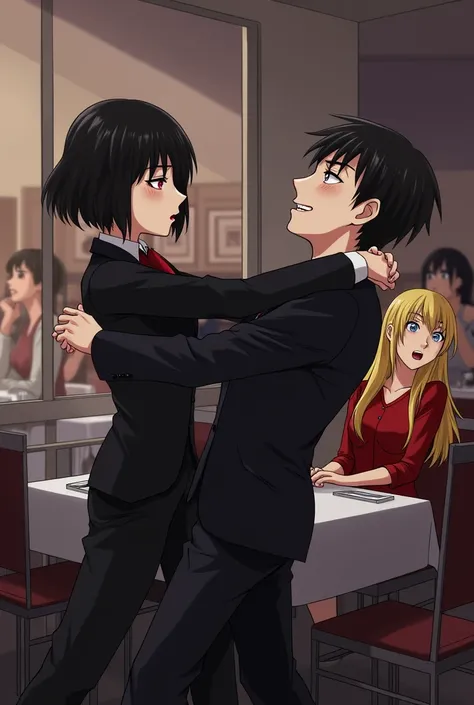 An 1 girl with short black hair and sharp red eyes wearing a black suit beats up a young man in a restaurant and blood comes out of his mouth while she holds his shirt and another girl wearing a red dress sits on. At 18 the table screams in fear and has lo...