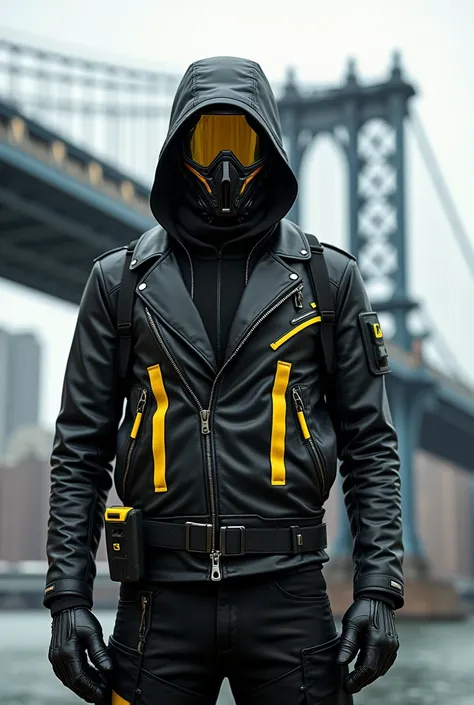 A man in his late twenties wearing a black biker leather jacket with yellow details. He has a full-face Sci-fi style mask with black and yellow details that match the jacket. He carries a pair of UZI pistols holstered at his waist. The background features ...