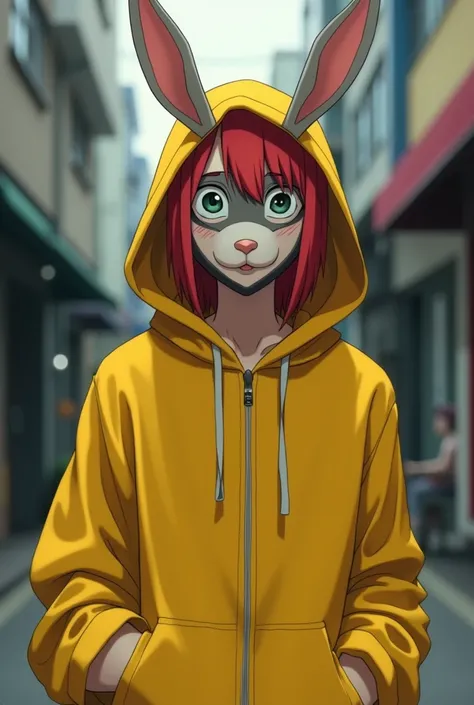 One with red hair wearing a yellow hoodie over his face with an anime style rabbit mask