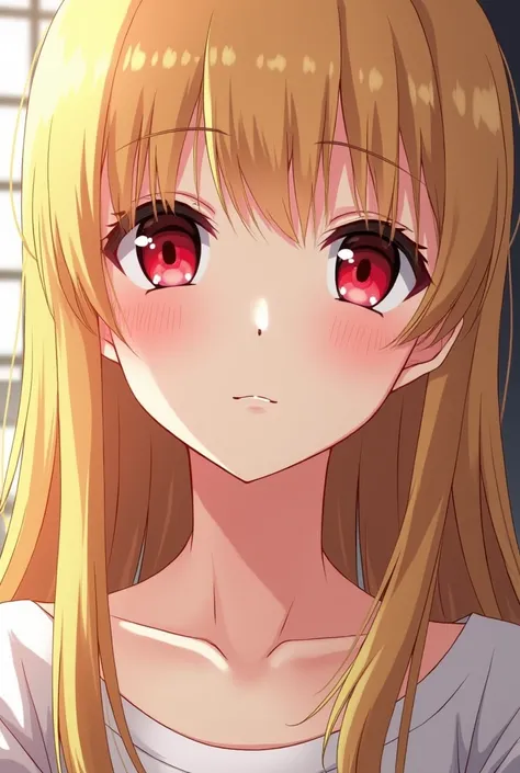 Beautiful anime woman with red eyes, straight blonde hair, small eyes