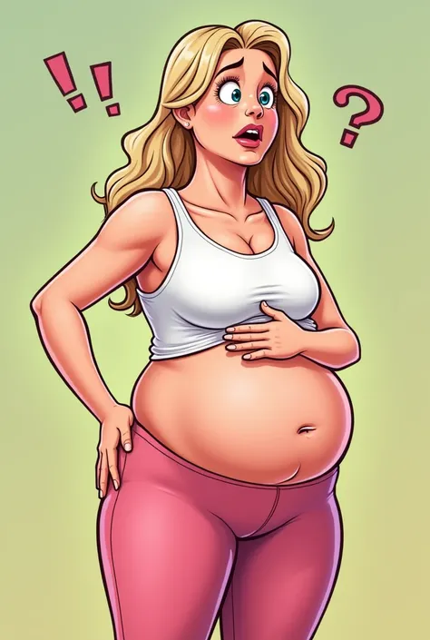 A woman with blonde rubbing her bloated gurgling stomach sound effects with her pink leggings accumulating her thick legs and white tank top tucked over it in an comic style