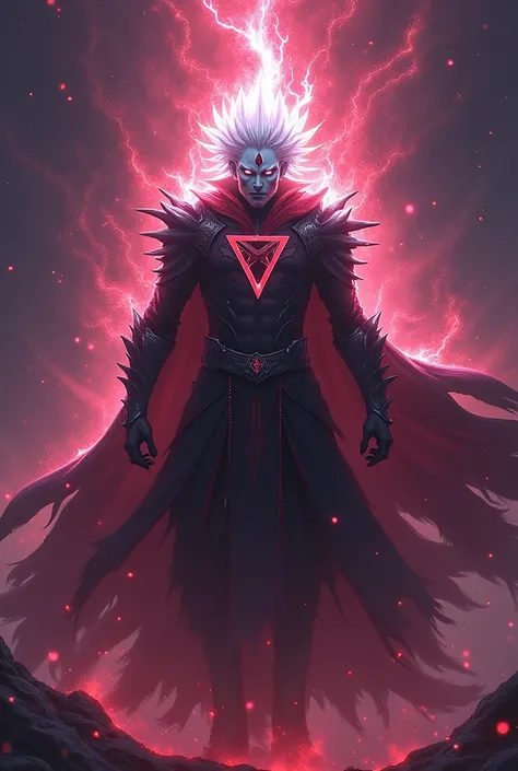 Create an imposing and powerful demon god.but has spiky white hair that radiates intense energy. His eyes are white, no pupils, and he has no mouth, which gives it a mysterious and terrifying air. Your skin is a light, cold blue, contrasting with his sinis...