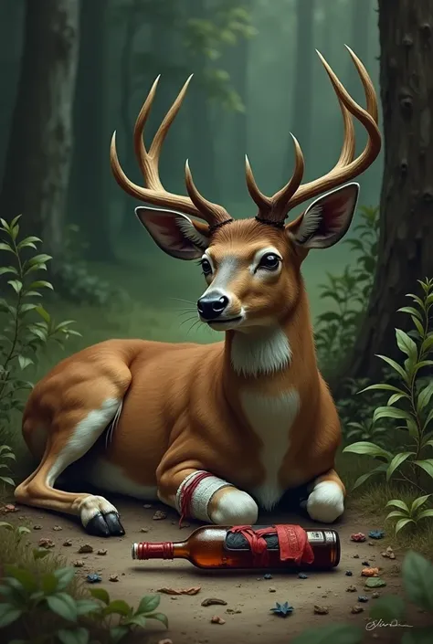 A drunk deer lies with a bottle and is wounded in the leg