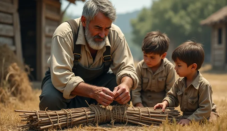 Farmer untying the bundle: The farmer calmly untying the bundle of sticks, separating them into individual sticks, while his sons watch carefully.